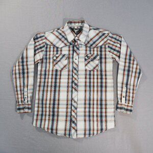 Cowboy Hardware Shirt Boys Extra Large Blue Plaid Pearl Snap Western Rodeo Ranch